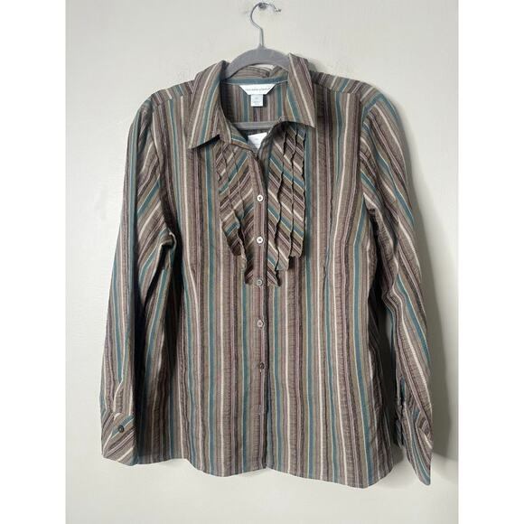 Christopher Banks Womens XL Brown Striped Ruffle Button Top Boho Earthy Office - Picture 1 of 9